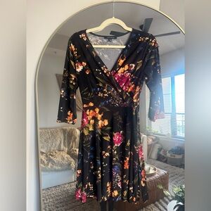 Black Floral Faux Wrap Dress | Size Small | 3/4 Sleeve